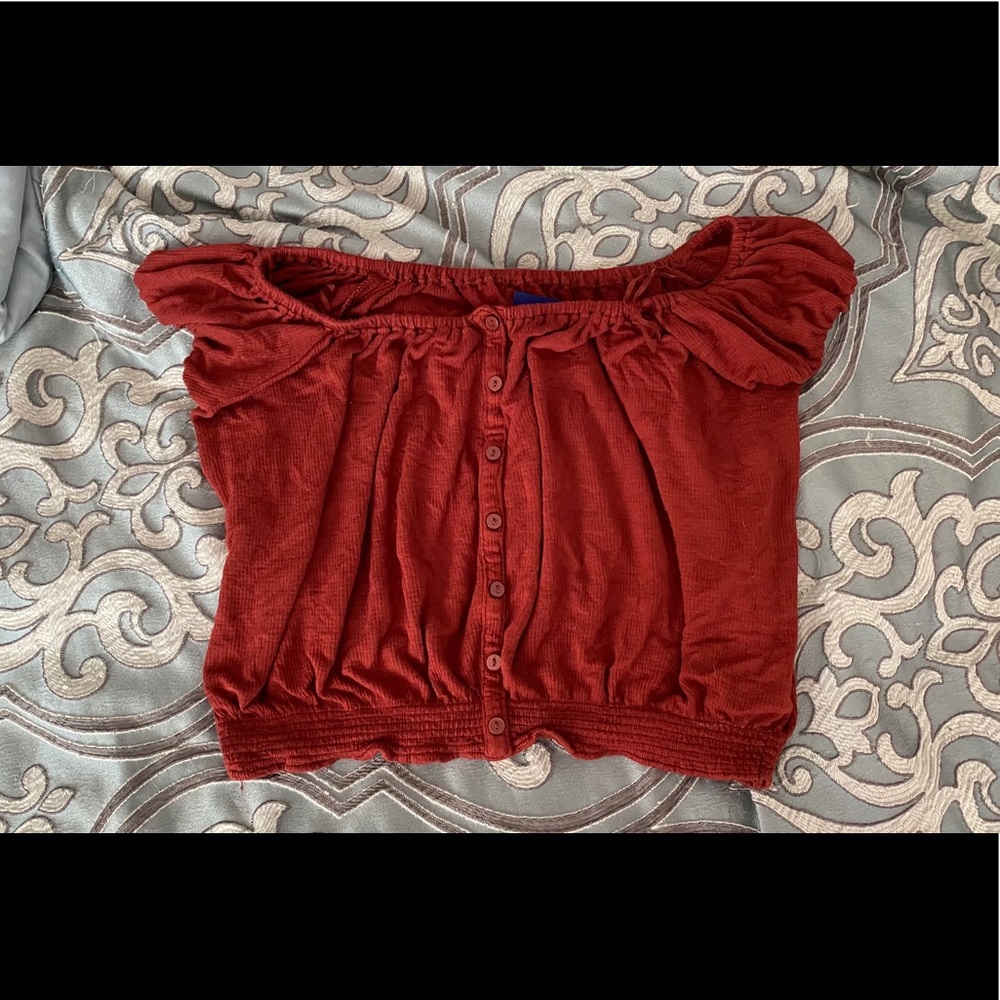 red orange off the shoulder top with buttons